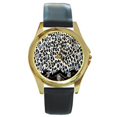 Tiger Background Fabric Animal Motifs Round Gold Metal Watch by Amaryn4rt