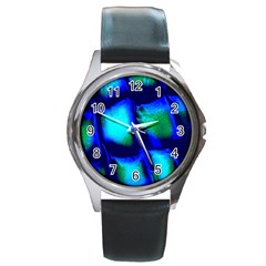 Blue Scales Pattern Background Round Metal Watch by Amaryn4rt