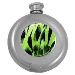 Green Tiger Background Fabric Animal Motifs Round Hip Flask (5 Oz) by Amaryn4rt