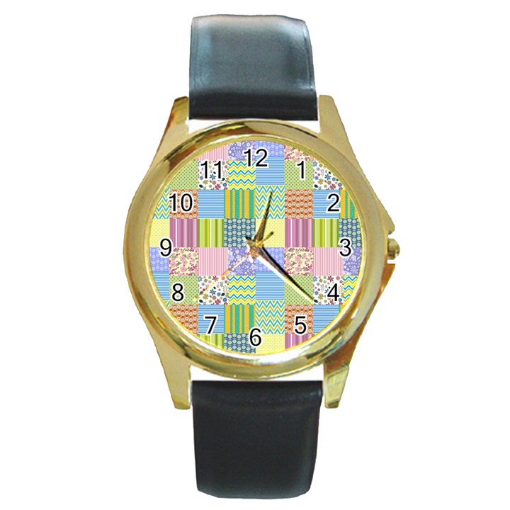 Old Quilt Round Gold Metal Watch