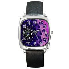 Blue Digital Fractal Square Metal Watch by Amaryn4rt