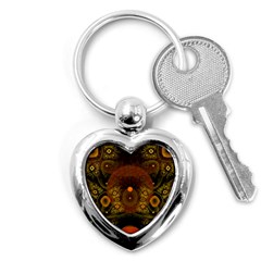 Fractal Yellow Design On Black Key Chains (heart)  by Amaryn4rt