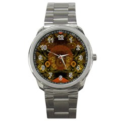 Fractal Yellow Design On Black Sport Metal Watch by Amaryn4rt