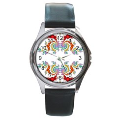 Fractal Kaleidoscope Of A Dragon Head Round Metal Watch by Amaryn4rt