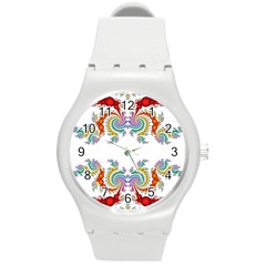 Fractal Kaleidoscope Of A Dragon Head Round Plastic Sport Watch (m) by Amaryn4rt