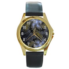 Fractal Wallpaper With Blue Flowers Round Gold Metal Watch by Amaryn4rt