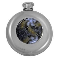 Fractal Wallpaper With Blue Flowers Round Hip Flask (5 Oz) by Amaryn4rt