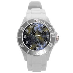 Fractal Wallpaper With Blue Flowers Round Plastic Sport Watch (l) by Amaryn4rt