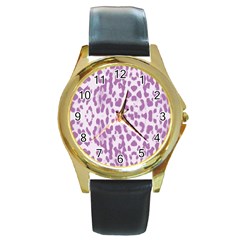 Purple Leopard Pattern Round Gold Metal Watch by Valentinaart