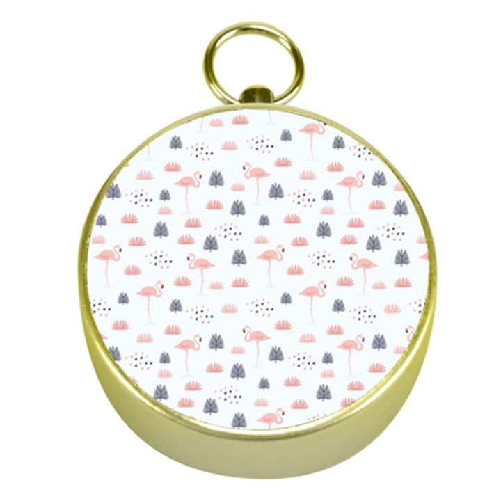 Cute Flamingos And  Leaves Pattern Gold Compasses