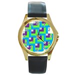 Geometric 3d Mosaic Bold Vibrant Round Gold Metal Watch Front