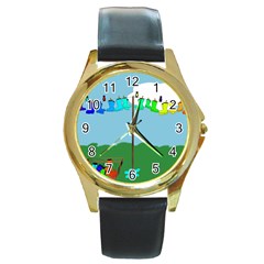 Welly Boot Rainbow Clothesline Round Gold Metal Watch by Amaryn4rt