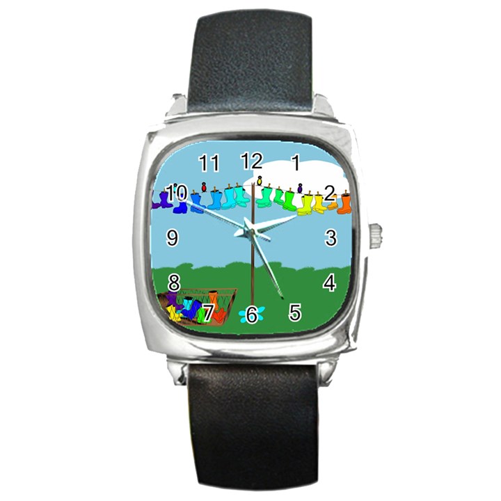 Welly Boot Rainbow Clothesline Square Metal Watch