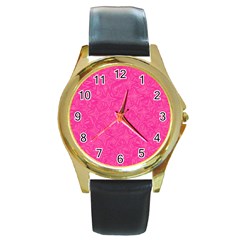 Geometric Pattern Wallpaper Pink Round Gold Metal Watch by Amaryn4rt