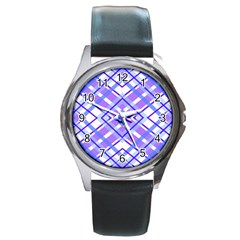 Geometric Plaid Pale Purple Blue Round Metal Watch by Amaryn4rt