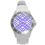 Geometric Plaid Pale Purple Blue Round Plastic Sport Watch (L) Front