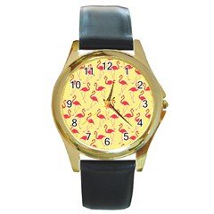 Flamingo Pattern Round Gold Metal Watch by Valentinaart