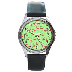 Flamingo Pattern Round Metal Watch by Valentinaart