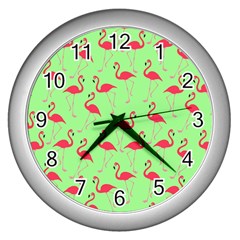 Flamingo Pattern Wall Clocks (silver)  by Valentinaart