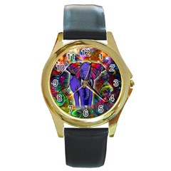 Abstract Elephant With Butterfly Ears Colorful Galaxy Round Gold Metal Watch by EDDArt