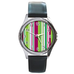 Beautiful Multi Colored Bright Stripes Pattern Wallpaper Background Round Metal Watch by Amaryn4rt