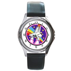 Badge Patch Pink Rainbow Rocket Round Metal Watch by Amaryn4rt