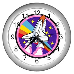 Badge Patch Pink Rainbow Rocket Wall Clocks (silver)  by Amaryn4rt