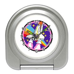 Badge Patch Pink Rainbow Rocket Travel Alarm Clocks by Amaryn4rt