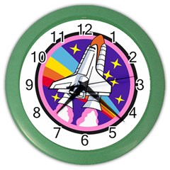 Badge Patch Pink Rainbow Rocket Color Wall Clocks by Amaryn4rt