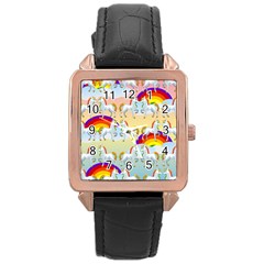 Rainbow Pony  Rose Gold Leather Watch  by Valentinaart