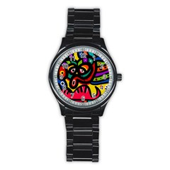 A Seamless Crazy Face Doodle Pattern Stainless Steel Round Watch by Amaryn4rt