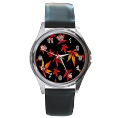 Colorful Autumn Leaves On Black Background Round Metal Watch