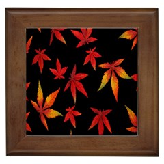 Colorful Autumn Leaves On Black Background Framed Tiles by Amaryn4rt