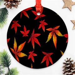 Colorful Autumn Leaves On Black Background Ornament (Round)