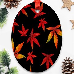 Colorful Autumn Leaves On Black Background Ornament (Oval)