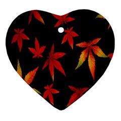 Colorful Autumn Leaves On Black Background Ornament (Heart)