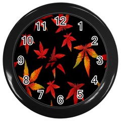 Colorful Autumn Leaves On Black Background Wall Clocks (Black)