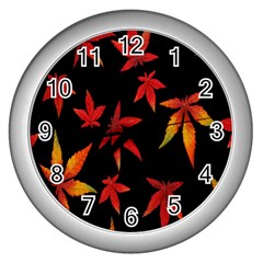 Colorful Autumn Leaves On Black Background Wall Clocks (Silver) 