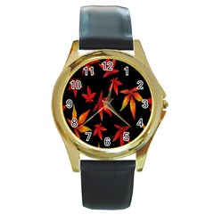 Colorful Autumn Leaves On Black Background Round Gold Metal Watch