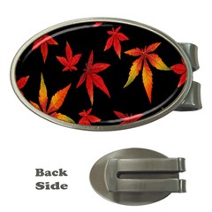 Colorful Autumn Leaves On Black Background Money Clips (Oval) 