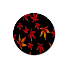 Colorful Autumn Leaves On Black Background Rubber Round Coaster (4 Pack)  by Amaryn4rt