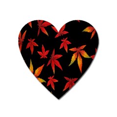 Colorful Autumn Leaves On Black Background Heart Magnet