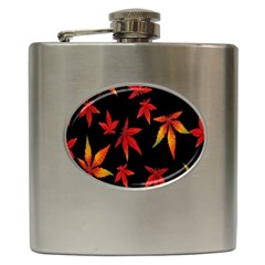 Colorful Autumn Leaves On Black Background Hip Flask (6 Oz) by Amaryn4rt