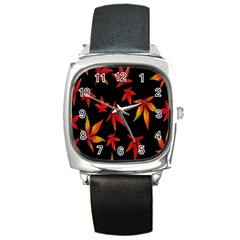 Colorful Autumn Leaves On Black Background Square Metal Watch