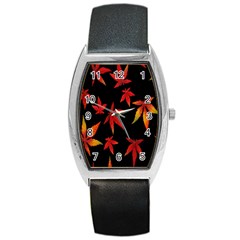 Colorful Autumn Leaves On Black Background Barrel Style Metal Watch by Amaryn4rt