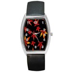 Colorful Autumn Leaves On Black Background Barrel Style Metal Watch Front