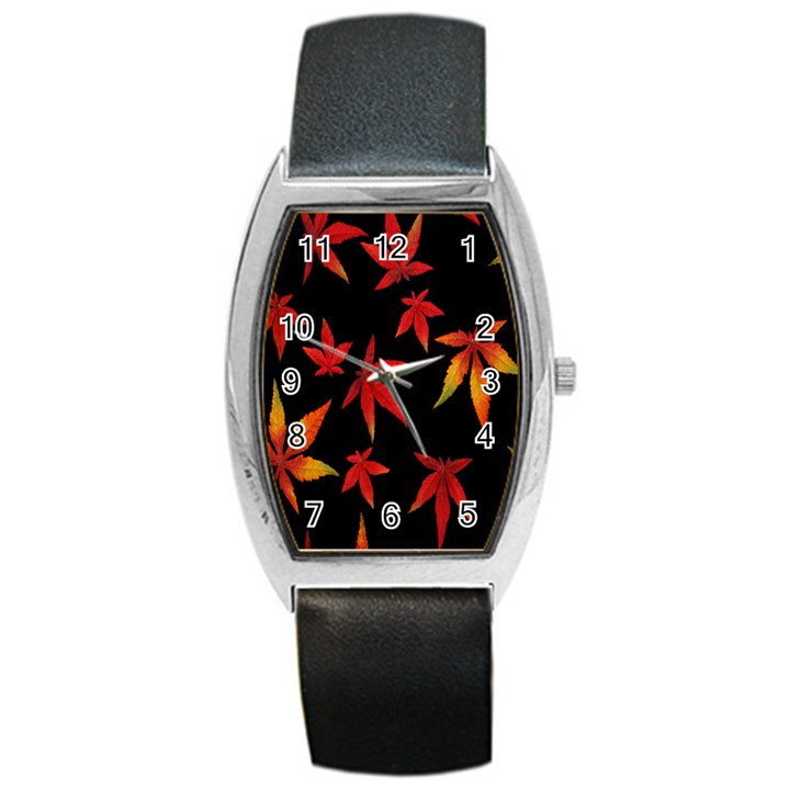 Colorful Autumn Leaves On Black Background Barrel Style Metal Watch