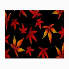 Colorful Autumn Leaves On Black Background Small Glasses Cloth