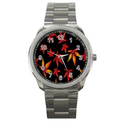 Colorful Autumn Leaves On Black Background Sport Metal Watch