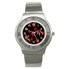 Colorful Autumn Leaves On Black Background Stainless Steel Watch